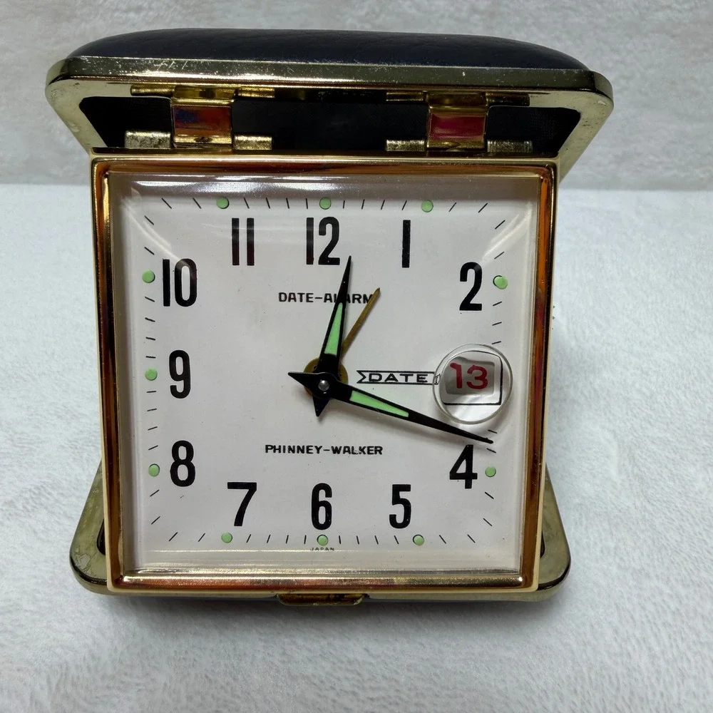 VTG Phinney-Walker Travel Alarm Clock Manual Wind Black Folding Case Japan MCM